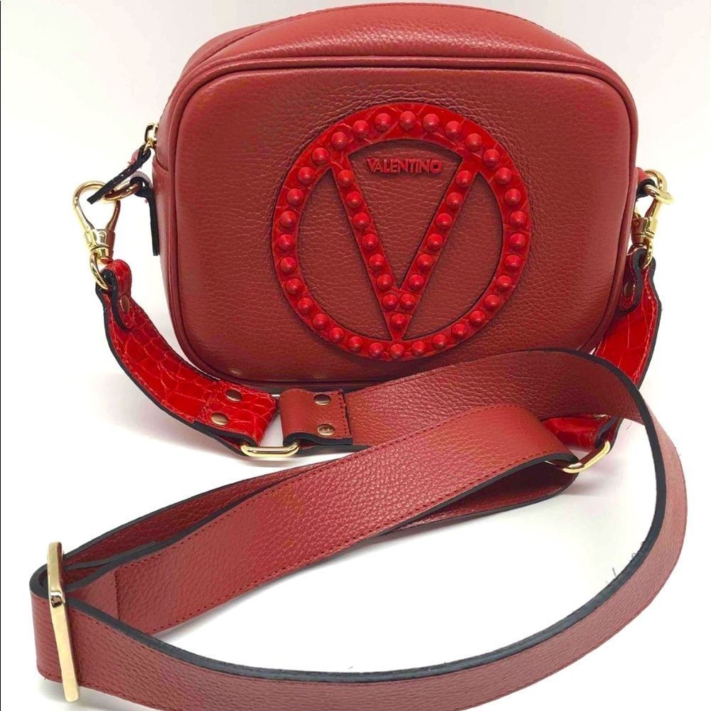 Mario Valentino Mia Studded Logo Leather Crossbody Bag Red